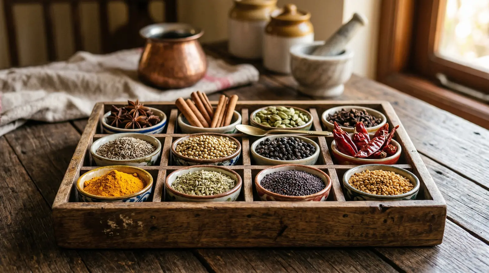 A wooden tray of whole and ground spices: star anise, cinnamon, cardamom, cumin, coriander, peppercorns and turmeric