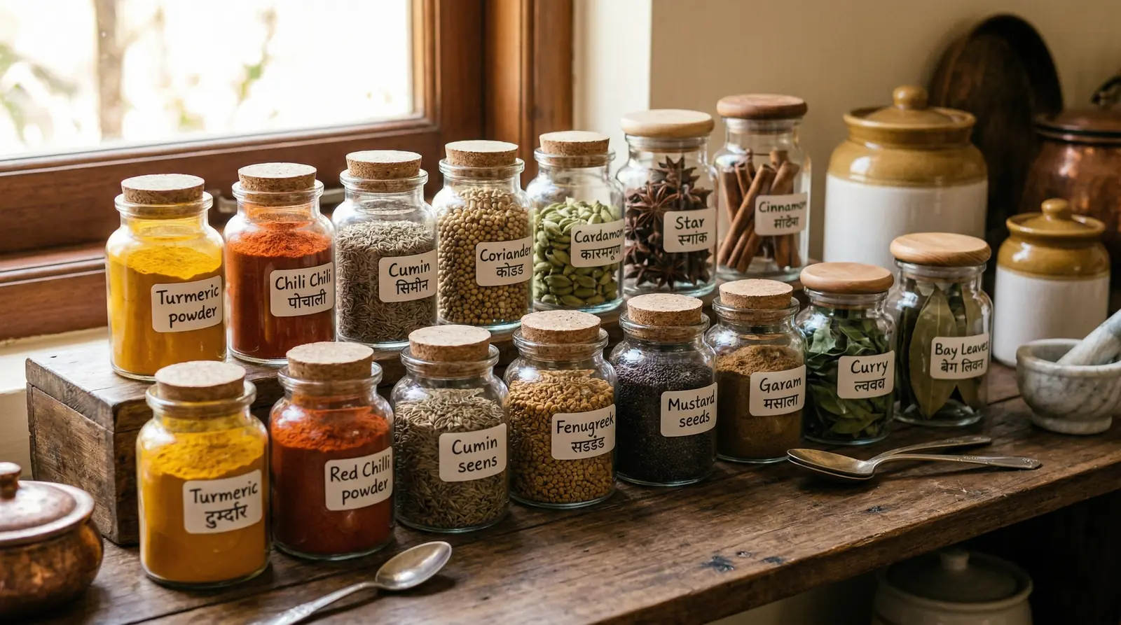 Glass jars of turmeric, red chilli, cumin, coriander, cardamom and garam masala on a kitchen shelf